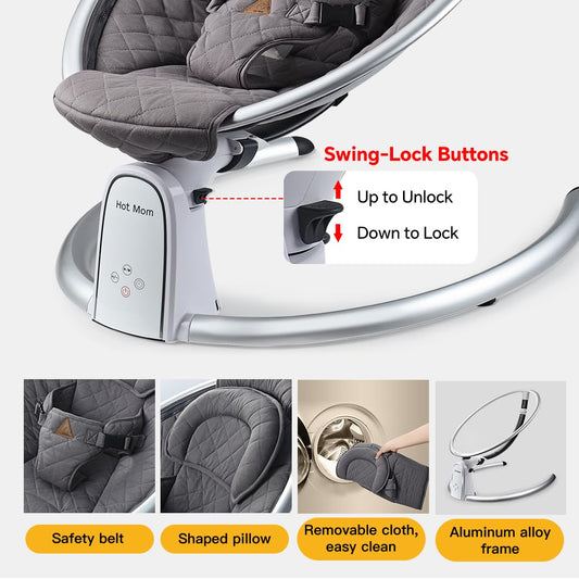 Hot Mom Cotton Baby Rocker, Baby Cradle with 5 Vibration Amplitudes, Bluetooth Music, Lightweight Baby Rocking Chair with Smoother Rocking Movement, Dark Grey