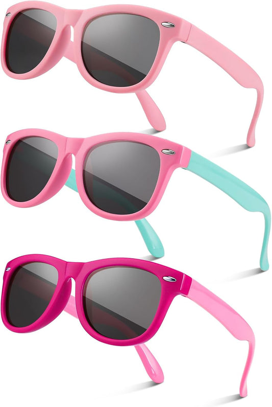 Utensilsto Pack of 3 Children's Polarized Flexible Sunglasses Silicone Frame Sunglasses for Boys Girls 2-12 Years (Pink+Red)