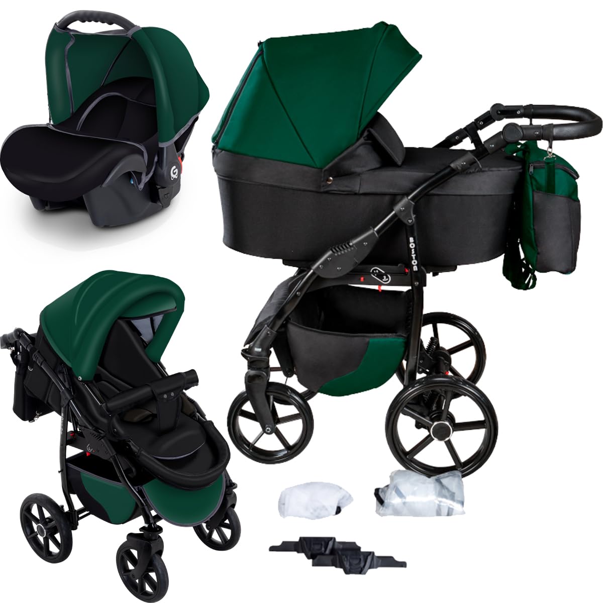 GaGaDumi Boston Kinderwagen 3 in 1 Komplettset mit Autositz - Kombikinderwagen mit großen Rädern - TÜV-zertifiziert - Baby Stroller Set - für Neugeborene und Kleinkinder Schwarz