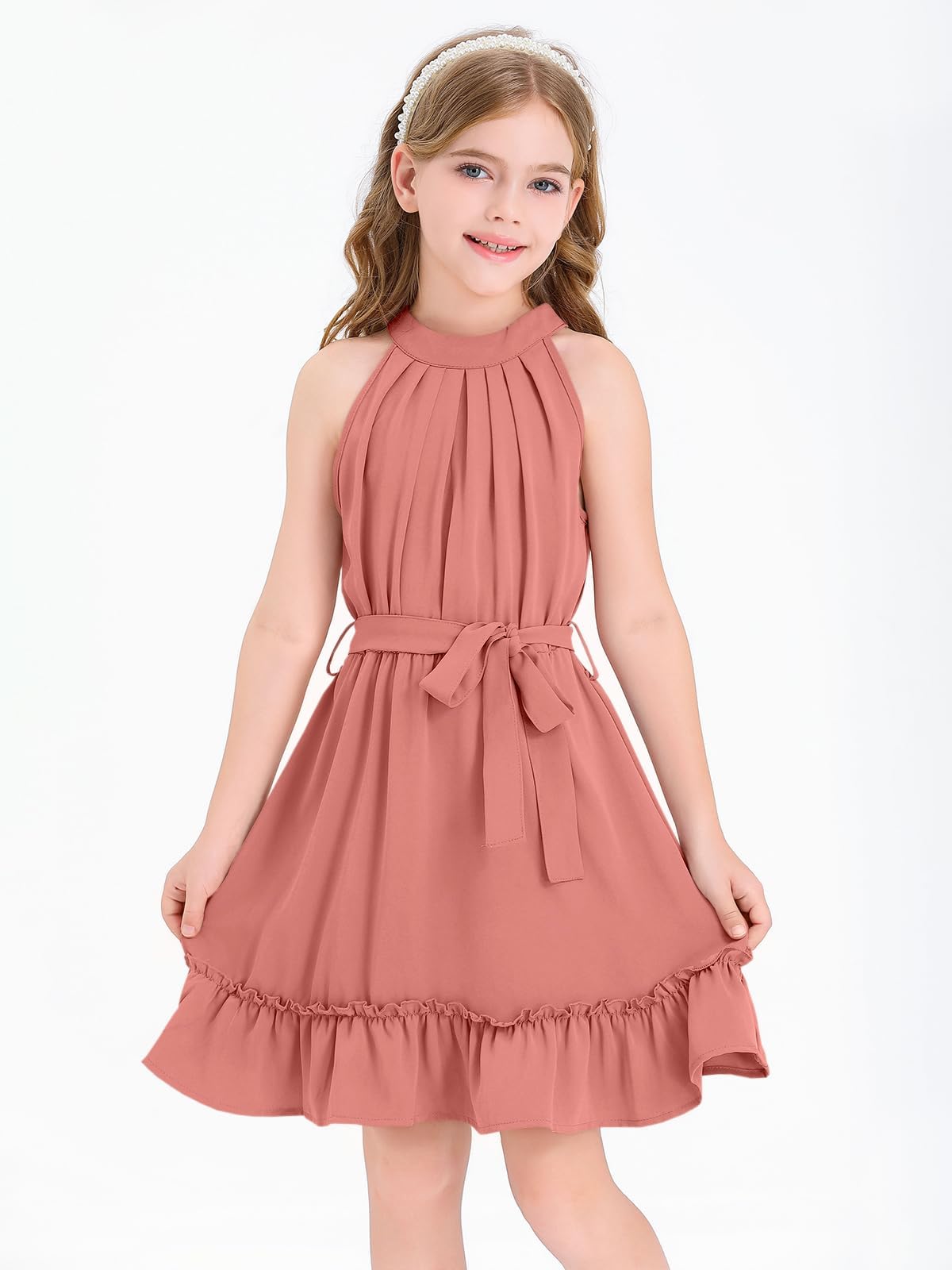 Halomoning Girls Dress Sleeveless Simple Classic Casual Knee Length for Kids Summer Princess Party Wedding Tie Waist A-Line