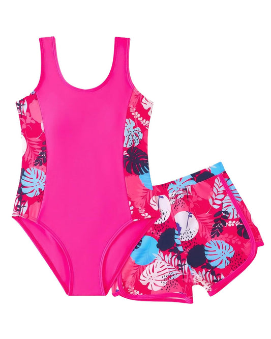 WYTbaby Badeanzug Mädche Einteiler Uv Badebekleidung ärmellose Bademode mit Shorts Tropischer Druck für Mädchen