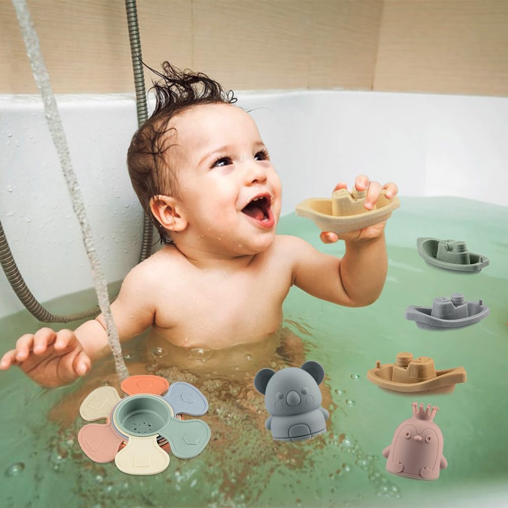 BIQIQI Baby Badespielzeug, 15 Stück Badewannenspielzeug Baby Silikon Wasserspielzeug Kinder mit Spritztiere Boote Badelöffeln,Schwimmende Schwimmbad Badewanne Pool Bad Spielzeug für Kleinkinder