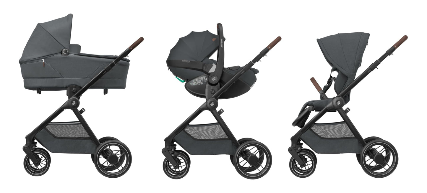 Maxi-Cosi Oxford Plus Baby Stroller 2 in 1 Set with Carrycot 0-4 Years 0-22kg Compact Folding Soft Suspension 3 Reclining Positions 10kg Storage Basket Twillic Graphite