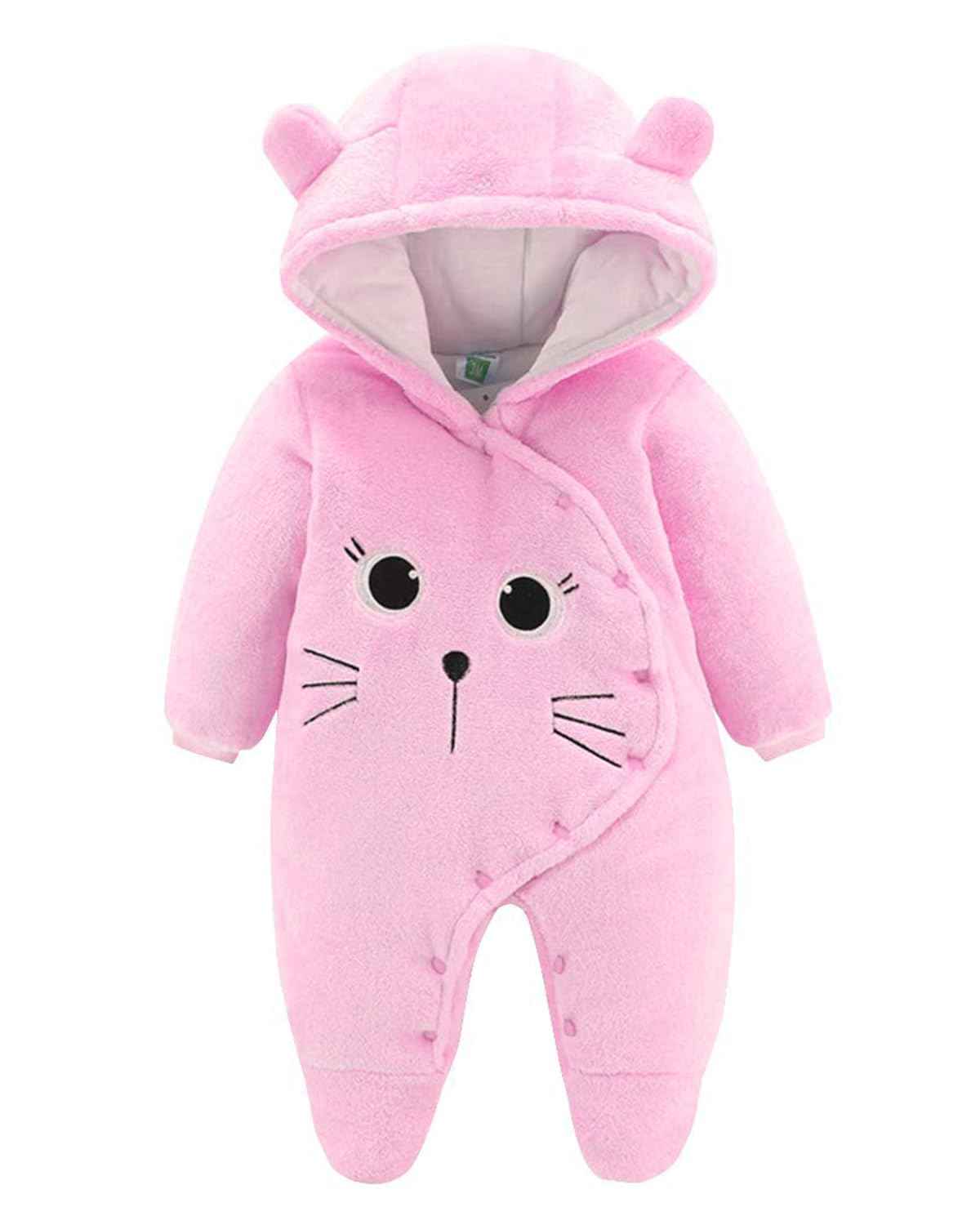 JiAmy Baby-Overall Baby-Strampler Flanell Winter-Strampelanzug mit Füßchen Kapuze Cartoon,Khaki 6-9 Monate