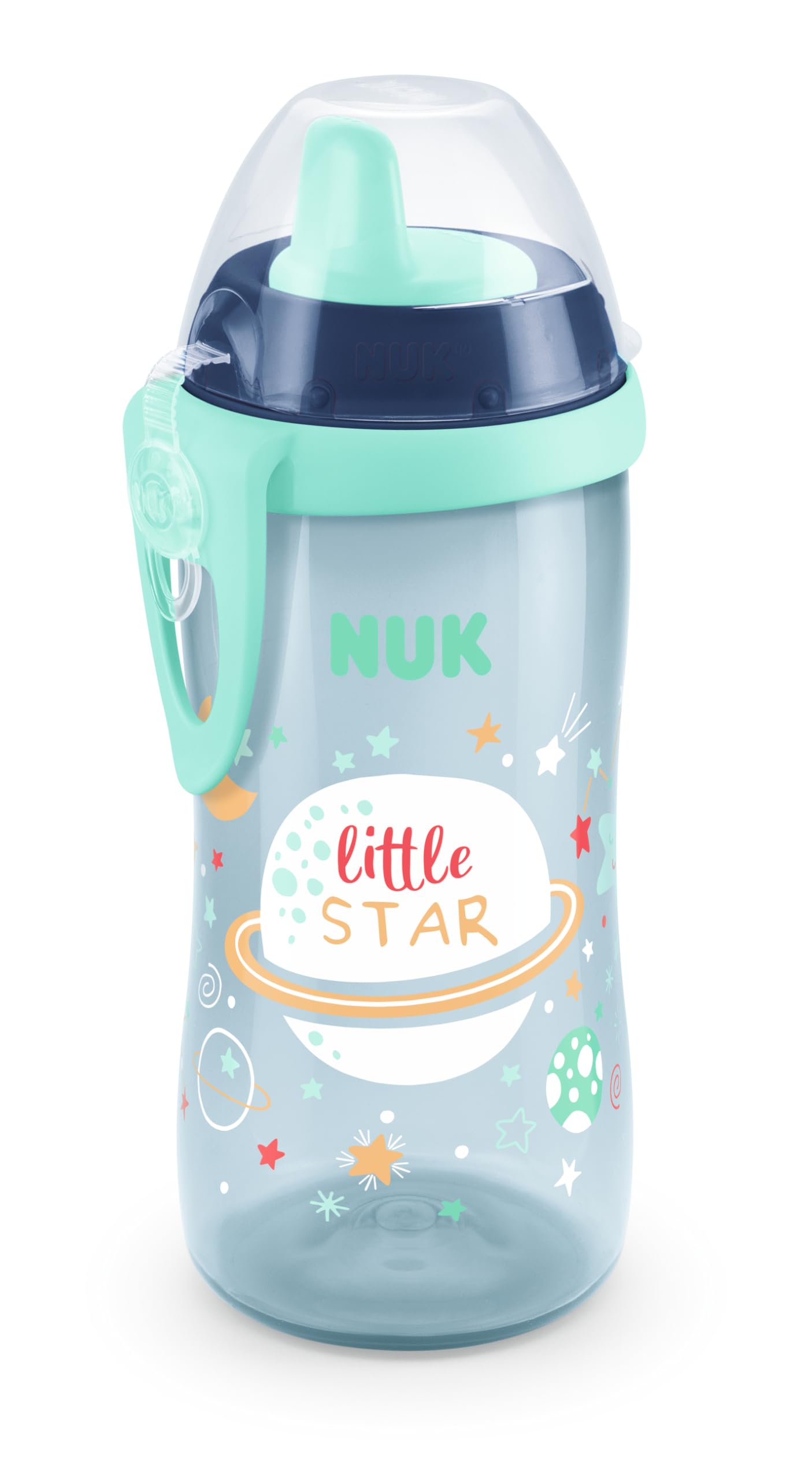 NUK Kiddy Cup Night Trinklernflasche | Schnabeltasse mit Leuchteffekt | 12+ Monate | Auslaufsicher mit harter Trinktülle | Clip und Schutzkappe | BPA-frei | 300 ml | Planeten (blau), 10255678 - Meloni2