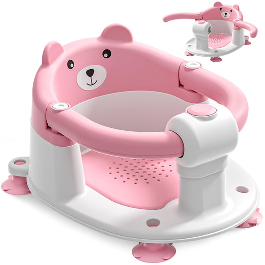 Baby Bath Seat from 6 Months, Bear Non-Slip Bath Seat Baby with 4 Suction Cups and Cushions for Toddlers and Newborns, Safe Portable Bath Chair for Shower or Bathtub, Pink