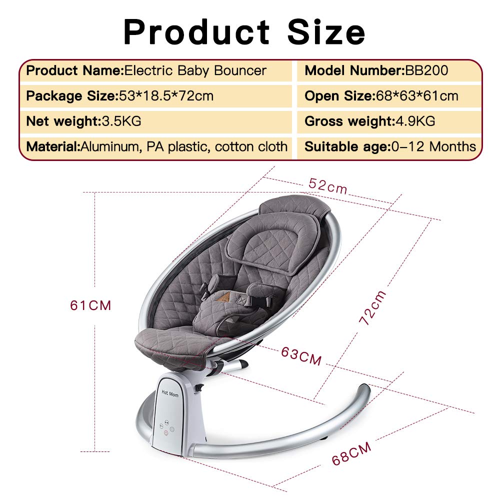 Hot Mom Cotton Baby Rocker, Baby Cradle with 5 Vibration Amplitudes, Bluetooth Music, Lightweight Baby Rocking Chair with Smoother Rocking Movement, Dark Grey