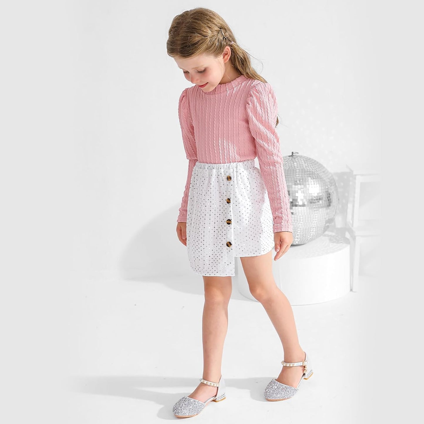 Bkixhv Baby Girls Clothes, Toddler Girls Skirt Set, Autumn Outfits, Long Puff Sleeves, Tops and Sequin Mini Skirt