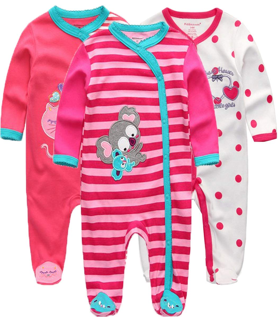 Kiddiezoom Unisex Baby Boys Girls Sleepsuit Pajamas Cotton Overalls Rompers, 3 Pack