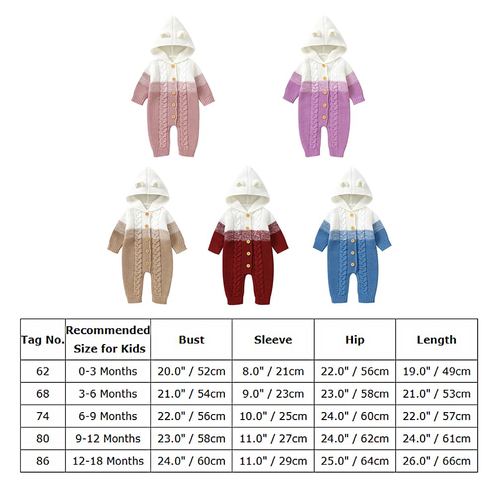 OBEEII Newborn Baby Knitted Romper Jumpsuit with Hood Ear Onesies Pullover Winter Warmer Onesie Bodysuit for Boys Girls