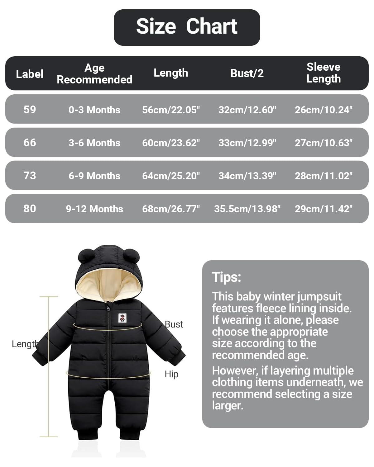 Minizone Baby Winter Jumpsuit with Hood, Romper Snowsuit Boys and Girls, Long-Sleeve Jumpsuit, Warm Outfits, Gift, 6-9 Months, 80 cm, Black
