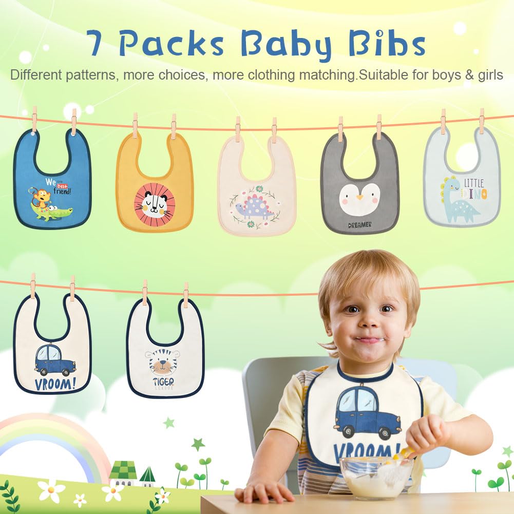HOTUT Baby Bibs, 7 Pack Baby Water-Repellent Bibs, Soft and Absorbent Children's Bibs with Snap Fastener, Drool Bibs Burp Cloths Baby for Boys and Girls