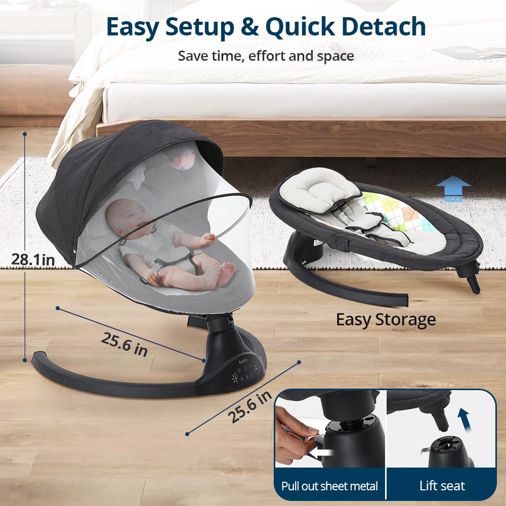 Bioby Elektrische Babywippe | Babyschaukel mit 5-Punkt-Gurt & 5 Schaukelmodi, Leicht & Sicher Wippe Baby Elektronisch mit Bluetooth-Musik & Fernbedienung, für 0-12 Monate (2-9 kg), Grau