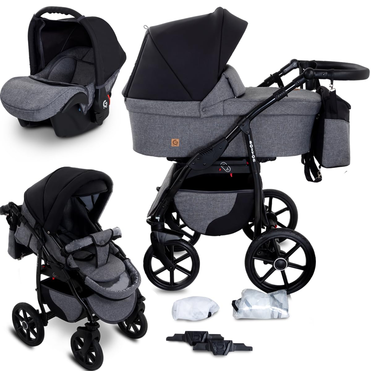 GaGaDumi Boston Kinderwagen 3 in 1 Komplettset mit Autositz - Kombikinderwagen mit großen Rädern - TÜV-zertifiziert - Baby Stroller Set - für Neugeborene und Kleinkinder Schwarz