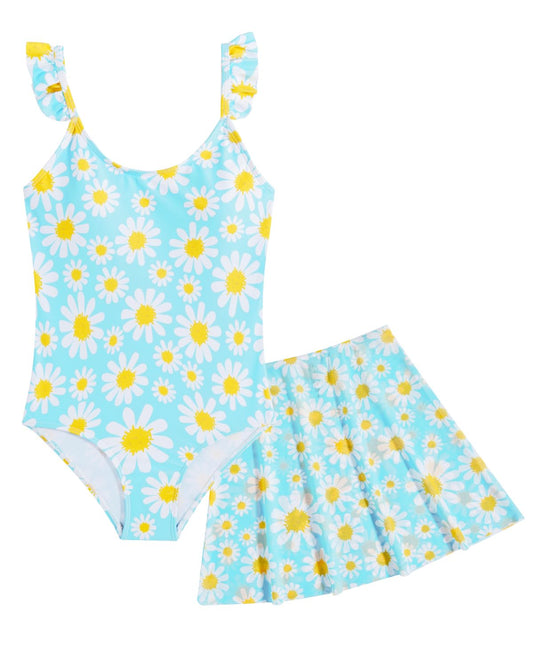 JiAmy Mädchen EIN Stück Badeanzug mit Rüschenrock Sommer Strand Badeanzug Daisy Floral Mädchen Bademode für 8-12 Jahre (120-160cm)