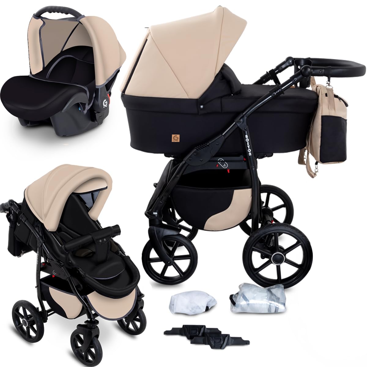 GaGaDumi Boston Kinderwagen 3 in 1 Komplettset mit Autositz - Kombikinderwagen mit großen Rädern - TÜV-zertifiziert - Baby Stroller Set - für Neugeborene und Kleinkinder Schwarz