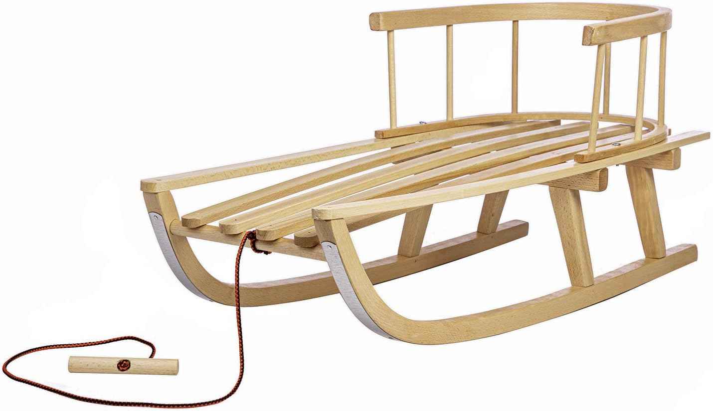 Holzschlitten für Kinder mit Rückenlehne und Zugseil - Klassischer Schlitten mit Stahlkufen - Geprüfte Sicherheit mit schützenden Seitenstangen - Braun lackiert 90 x 33 x 38cm