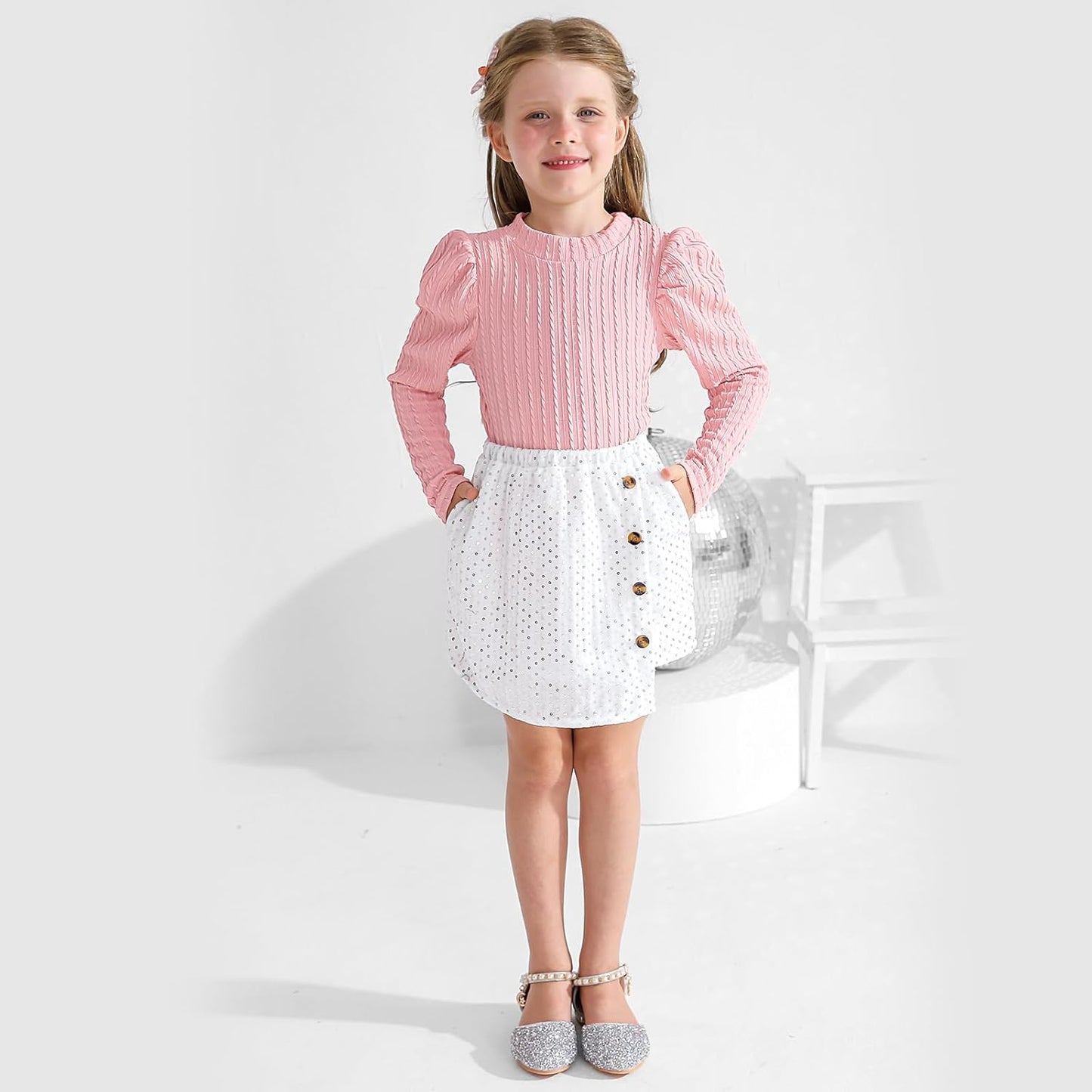Bkixhv Baby Girls Clothes, Toddler Girls Skirt Set, Autumn Outfits, Long Puff Sleeves, Tops and Sequin Mini Skirt