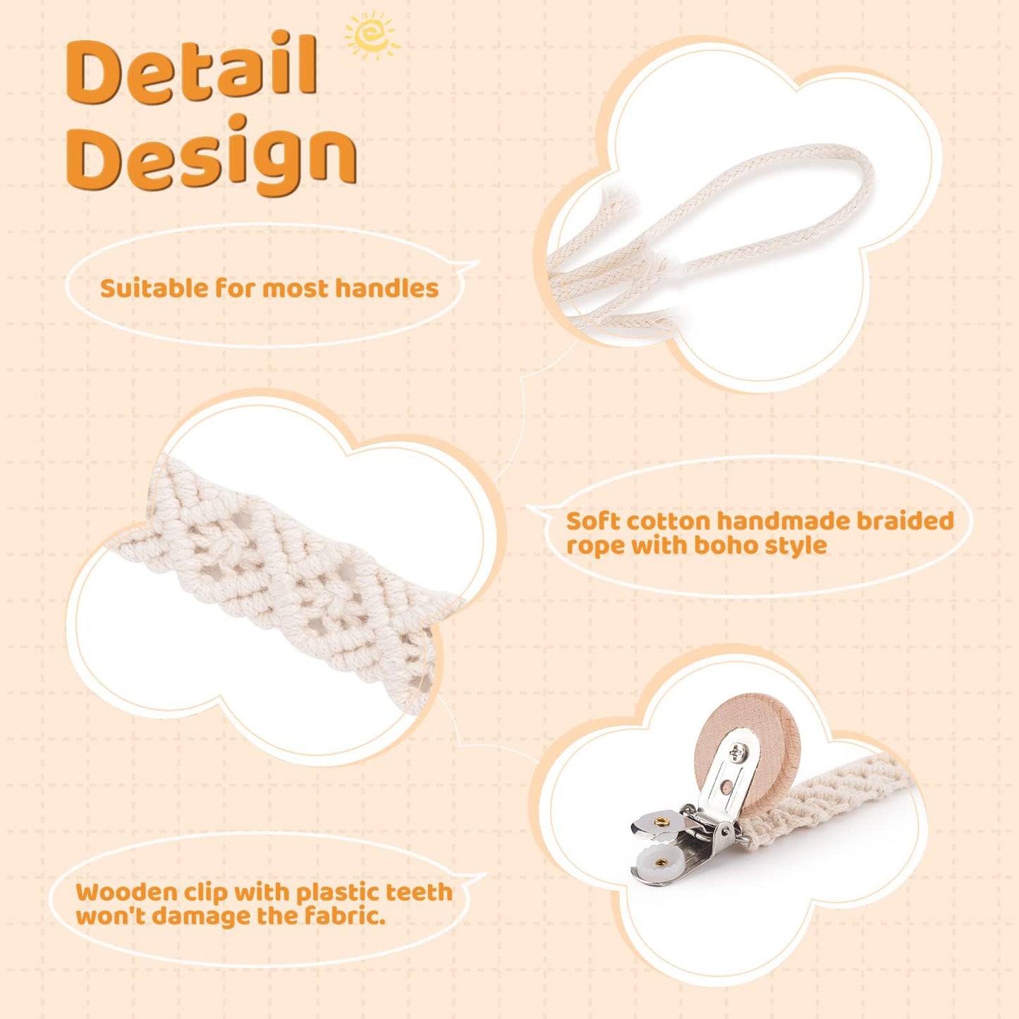 IOSPKKIO® 3 Stück Schnullerclip für Jungen und Mädchen, Schnullerhalter, mit Holzklammern, Handgefertigt, Geflochtene Baumwolle, Babyparty, Geburtstagsgeschenk(Beige)