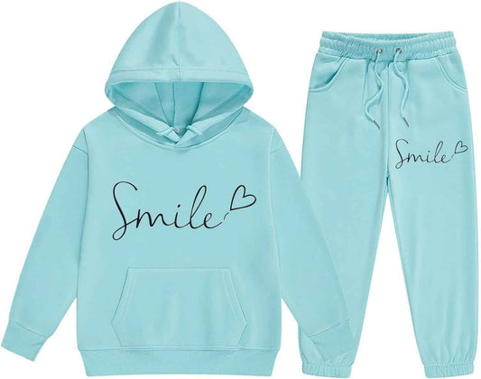 Mädchen 2-teiliges Outfit Herbst Hoodie Lächeln Sweatsuit Sets Kinder 2025 mit Kapuze Ausgehen Sweatanzüge Sweatshirt mit Taschen Grafik Langarm Brief Kordelzug Sweatsuits Sets