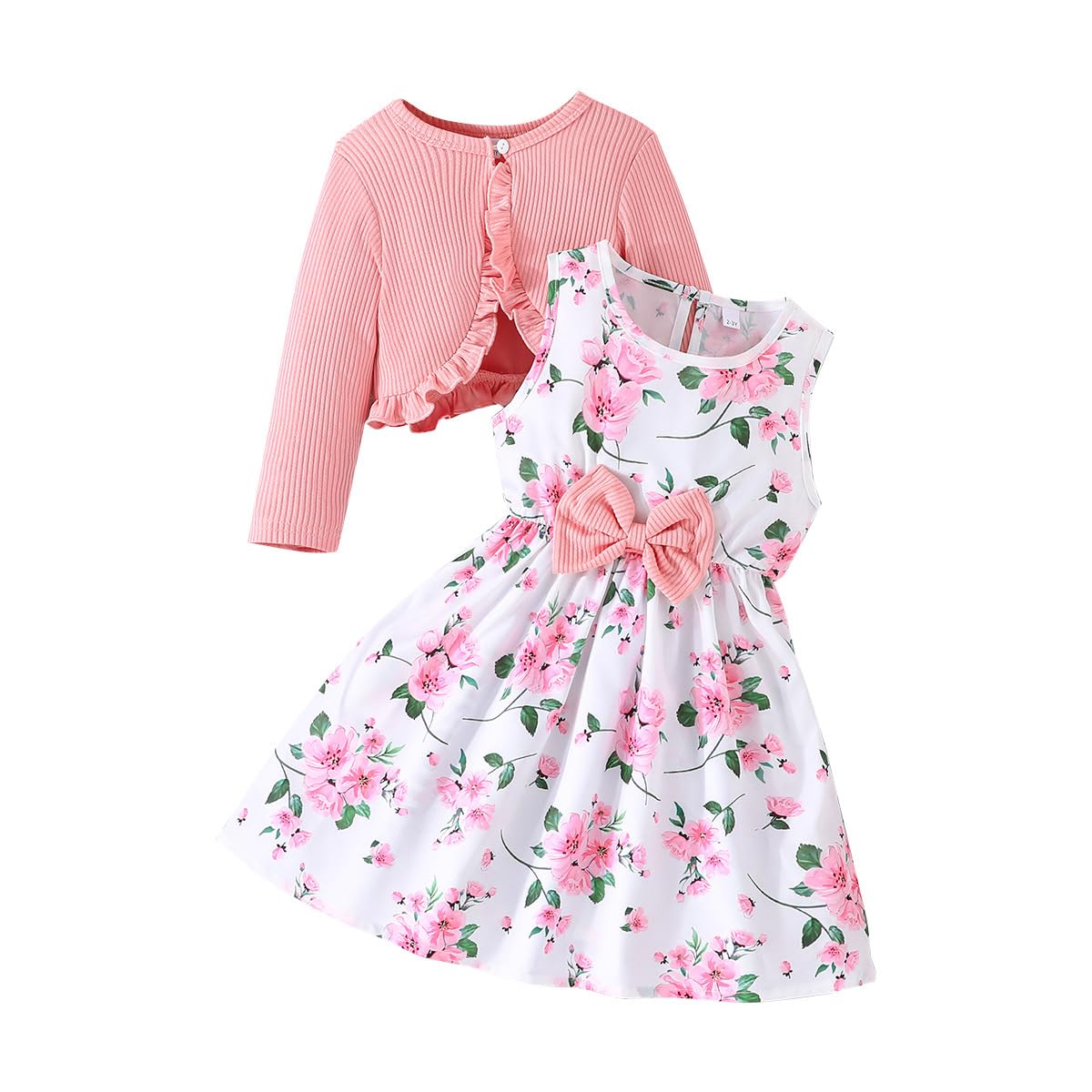 Yanmucy Kleine Mädchen Kleider mit Strickjacke Sets Baby Mädchen Kleider Kleinkind Kinder Langarm Ruffle Mantel Mädchen Kleidung für 2-8 Jahre