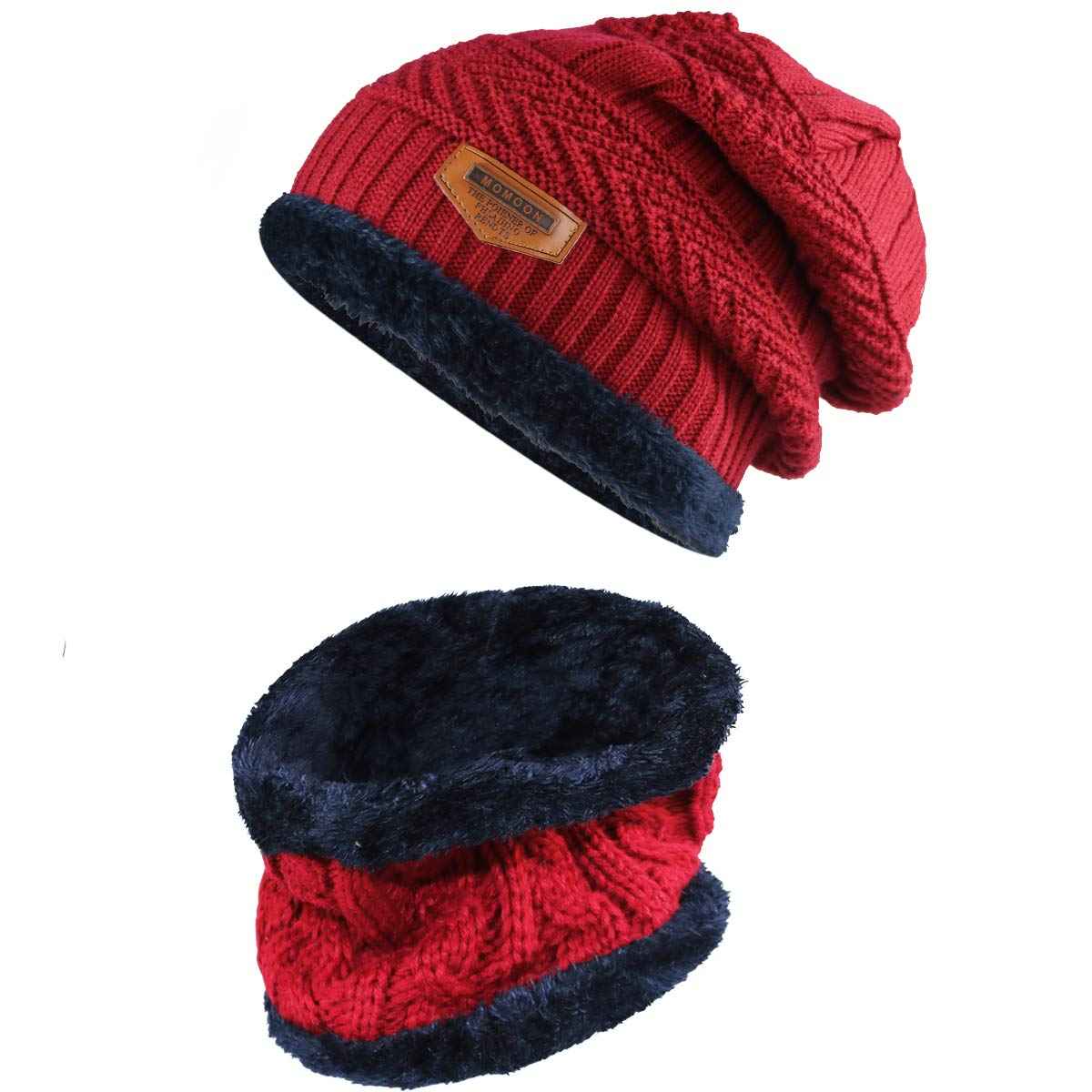 YR.Lover Momoon Dicke Beanie Hut +Schal Set Winter Warmen Schnee Knit Skull Cap für Kinder Jungen Mädchen