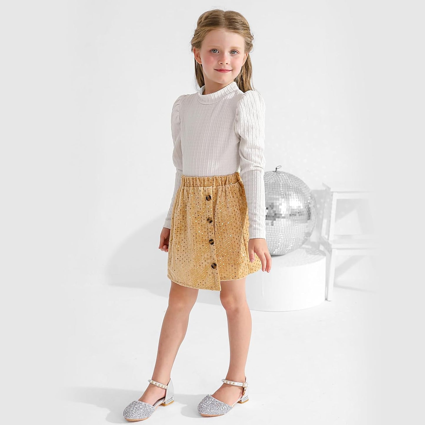 Bkixhv Baby Girls Clothes, Toddler Girls Skirt Set, Autumn Outfits, Long Puff Sleeves, Tops and Sequin Mini Skirt