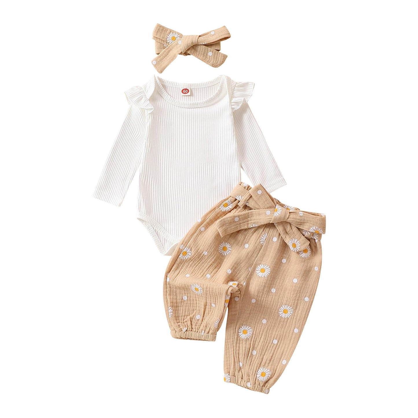 Geagodelia Baby Mädchen Kleidung Babykleidung Outfit Set Langarm Body Strampler + Gänseblümchen Hose + Stirnband Neugeborene Weiche Babyset