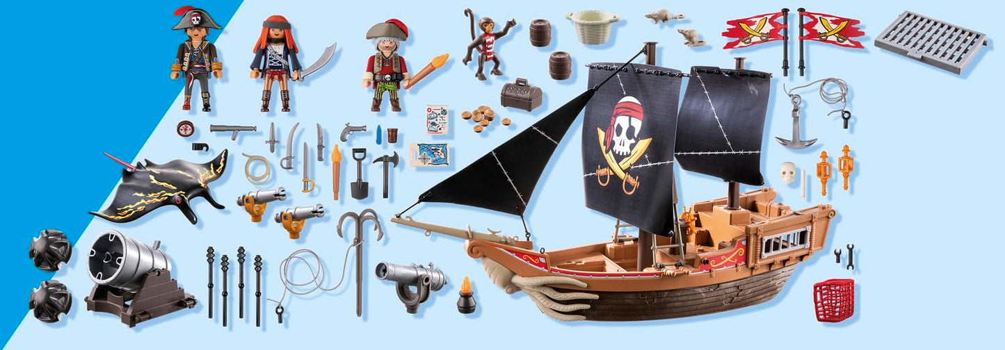 PLAYMOBIL Pirates 71418 Pirate Ship, Exciting Adventures on the High Sea, with Extensive Accessories such as Telescope, Compass and Cannons, Toy for Children from 4 Years