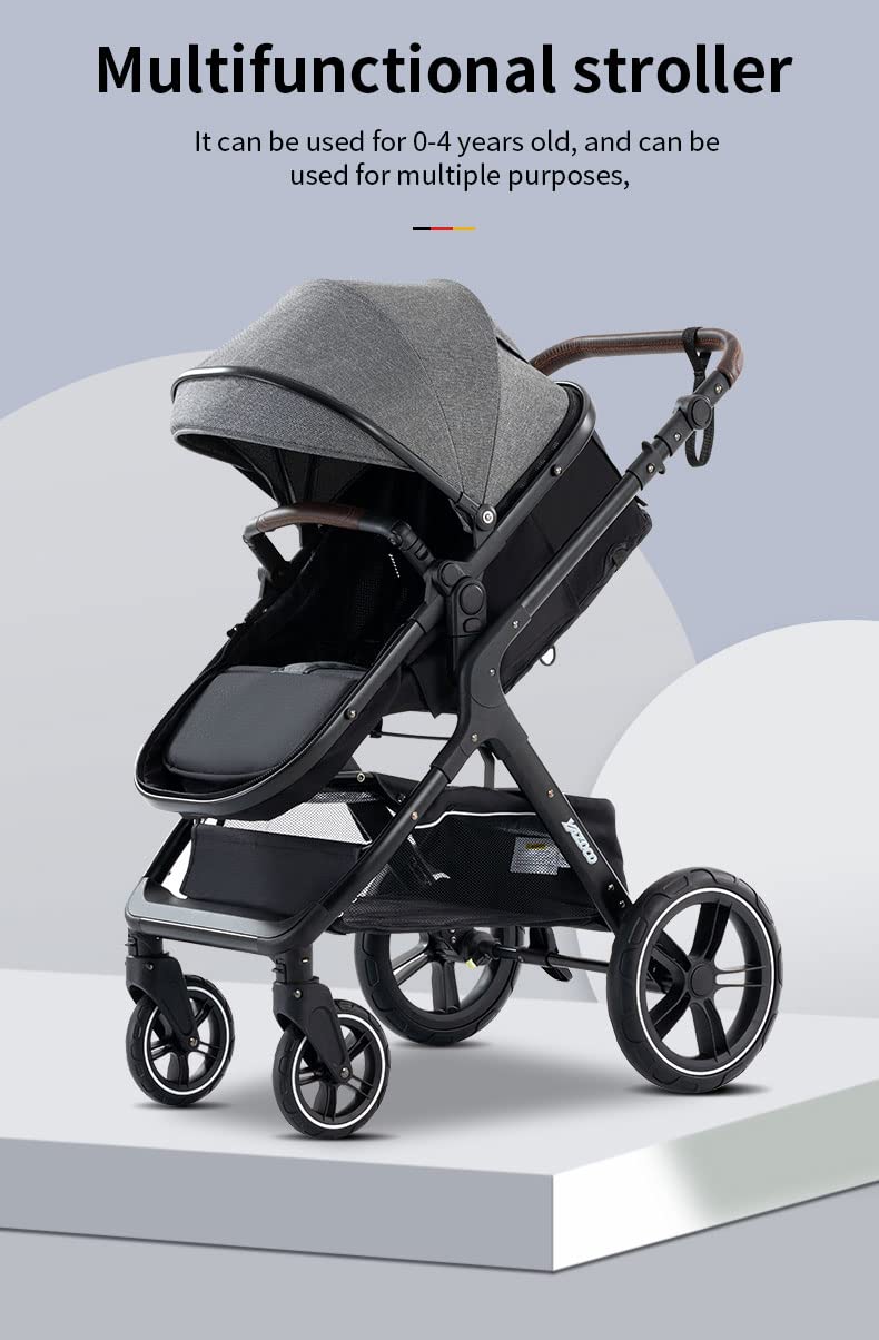 YAZOCO Kompakter 3 in 1Kinderwagen Anstout Terrain Luxus Hohe Landschaft Vierfacher Kinderwagen 0-36kg Faltbarer Gehstock Baby Kinderwagen Komfort Autositz Zubehör (Schwarz)