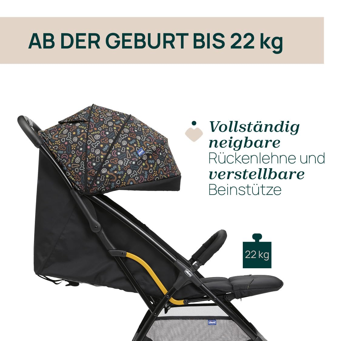 Chicco, Glee Pushchair from 0 Months to 4 Years with Automatic and Compact Closure, Extendable Hood with SPF 50+ and Rain Cover, 3-Level Adjustable Backrest, Leg Rest