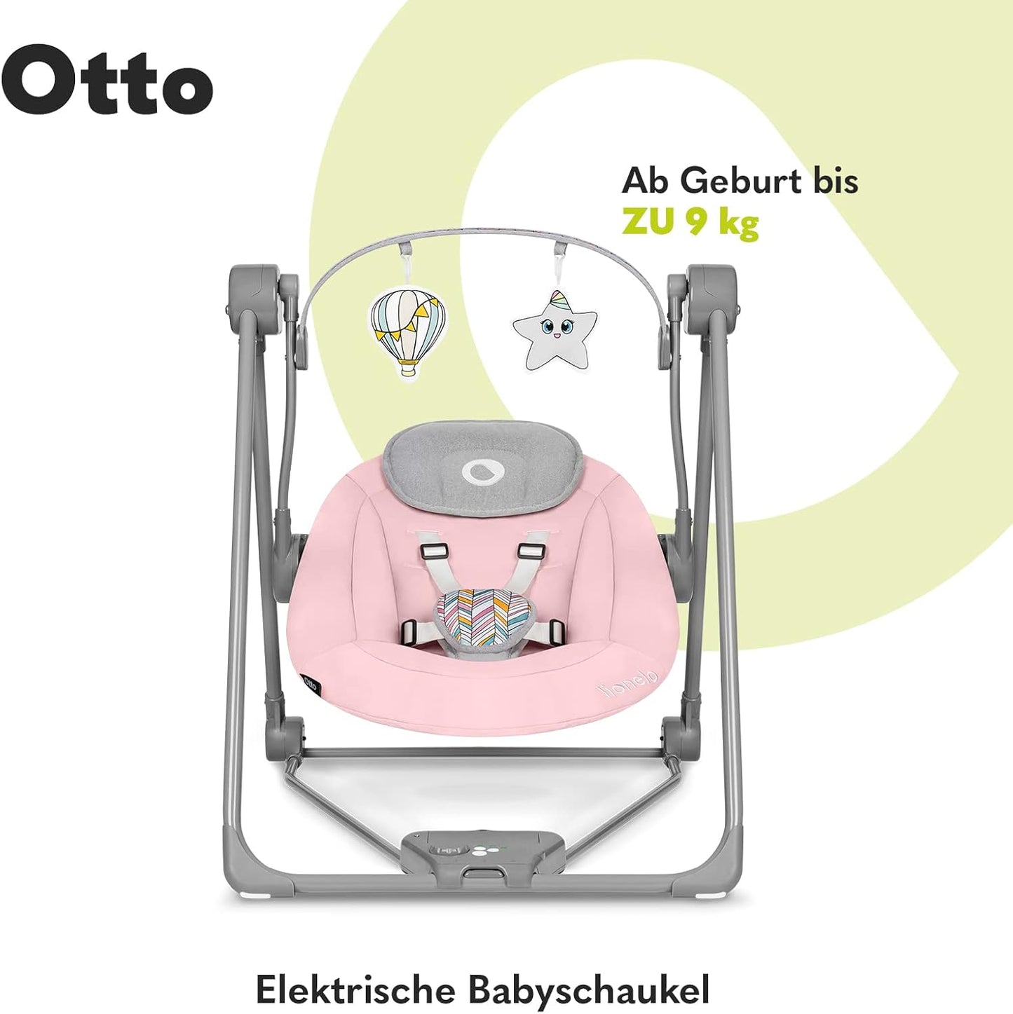 LIONELO Otto Baby Seesaw, Baby Swing, Play Arch with Interactive Toys, 5 Swing Speeds, Nature Sounds, from Birth to 9 kg, Foldable (Cozy Grey) (Pink)