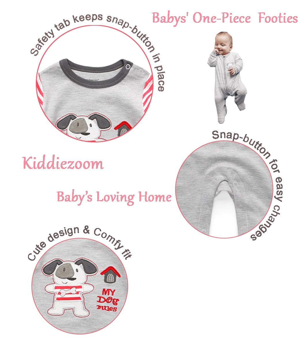 Kiddiezoom Unisex Baby Boys Girls Sleepsuit Pajamas Cotton Overalls Rompers, 3 Pack