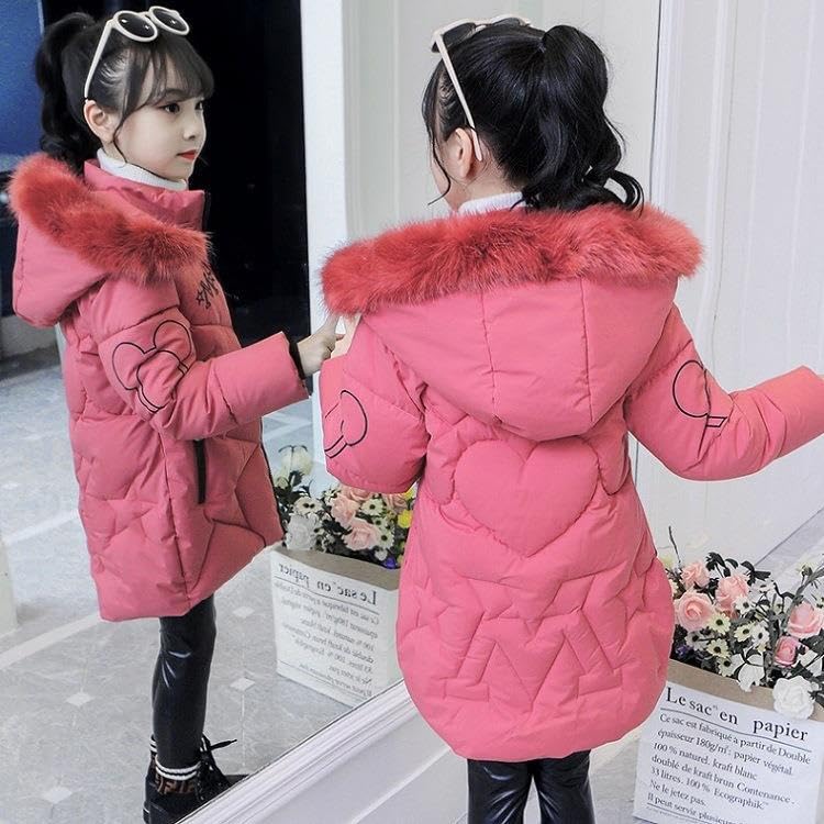 linboo Girls' Winter Jacket with Removable Fur Hood Warm Long Coat Children's Parka Outdoor Jacket with Letters and Cute Patterns