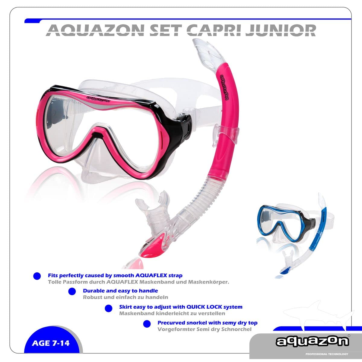 AQUAZON Capri extra Komfortables Kinder Schnorchelset, Taucherbrille mit superweichem Silikon, 7-12 Jahre, glasklarer Blick durch temperiertes Glas