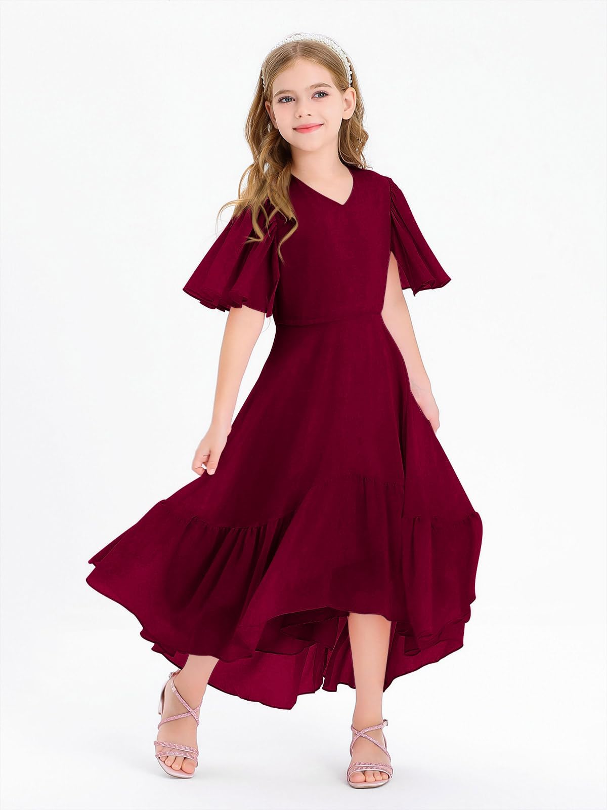 Haloumoning Mädchen Sommerkleid V-Ausschnitt Rüschenkleider Casual A Line Kleid Flowy Hoch Niedrig Lang Partykleid Elegant Langes Abendkleid