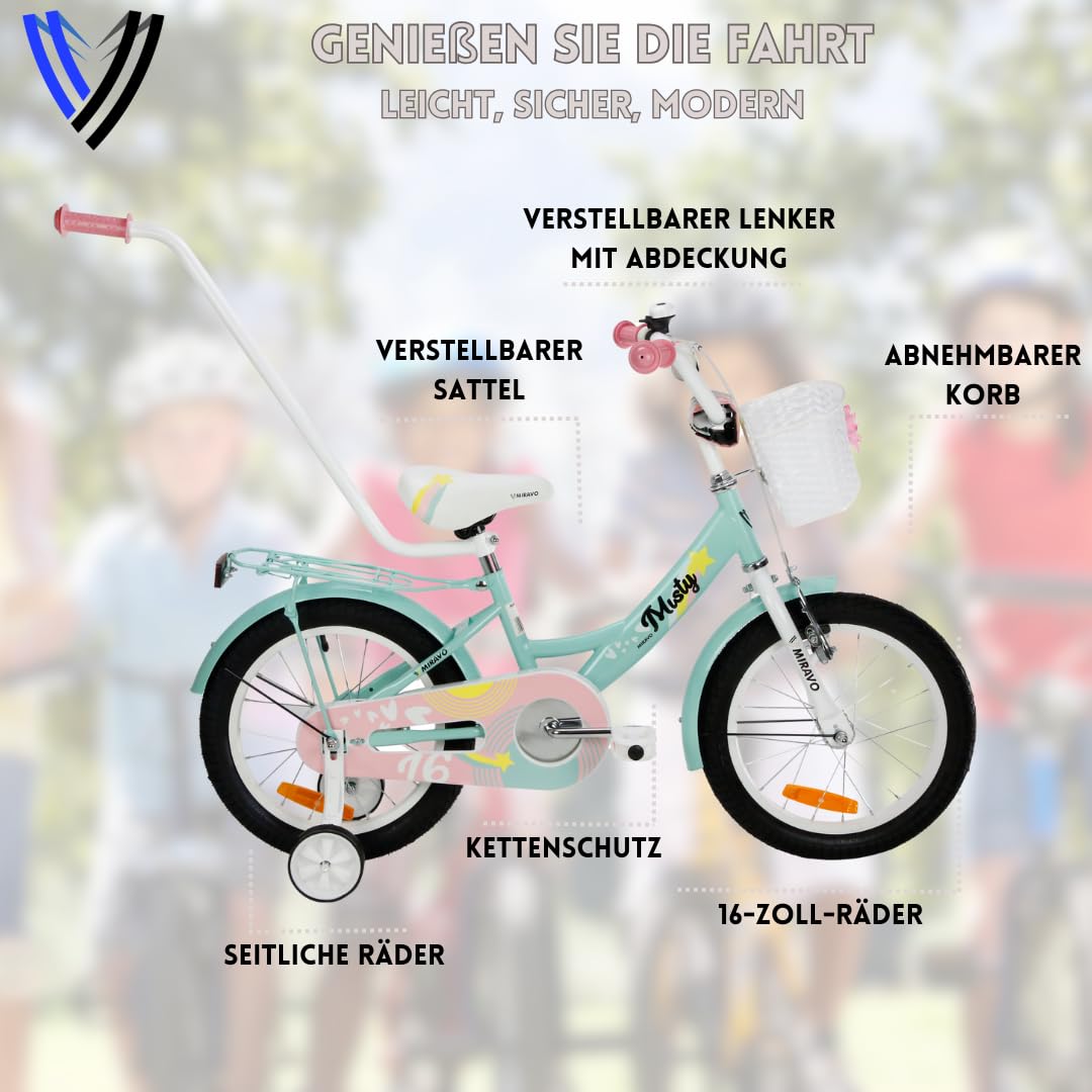 MIRAVO Kinderfahrrad Fahrrad Kinder Ab 2 Bis 8 Jahre Mit Stützrädern Schubstange V-Brake Bremsen Rückstrahl Aufkleber 12 16 20 Zoll Radgröße Korb Für Mädchen Misty - Meloni2