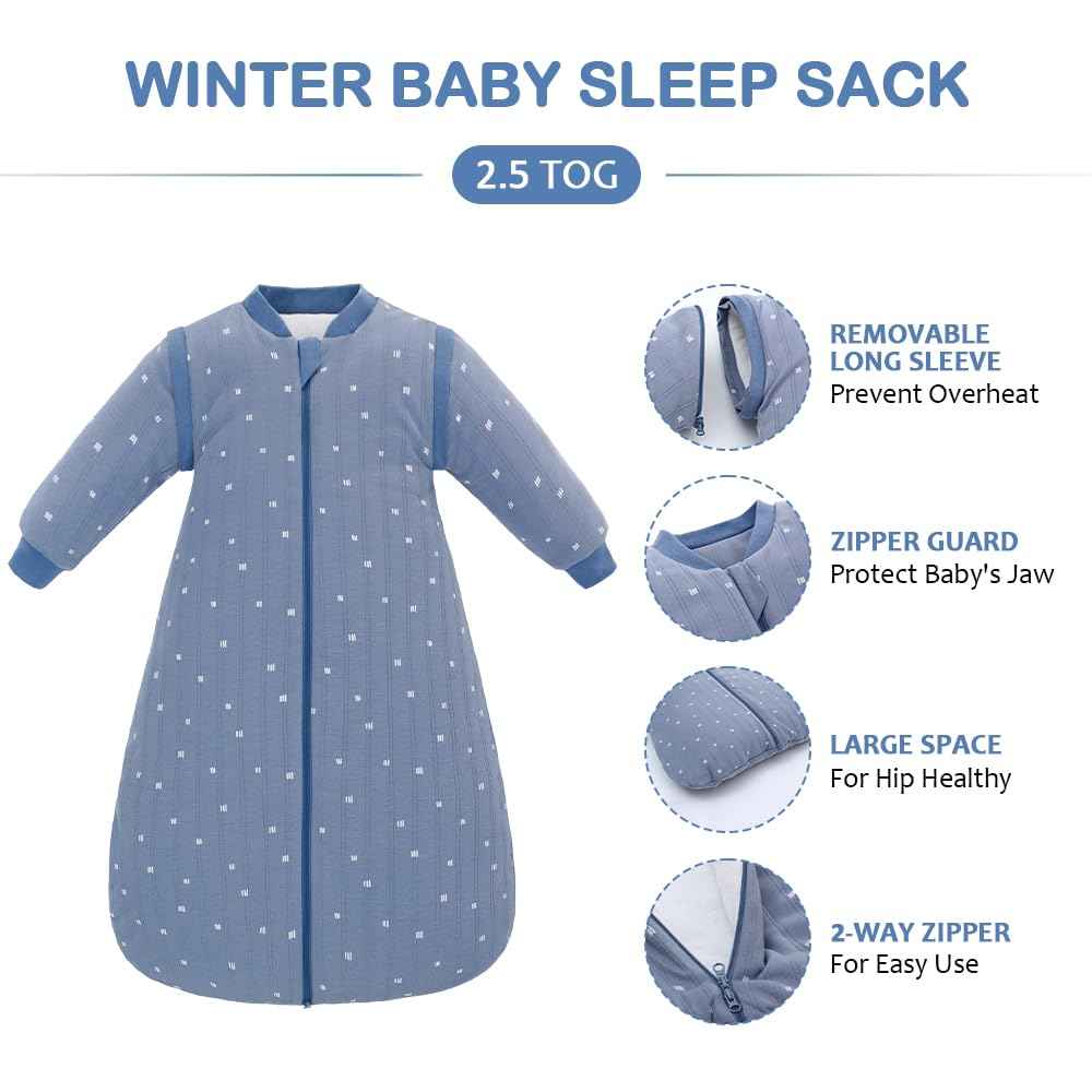 amo nenes Baby Sleeping Bag 2.5 TOG, Baby Autumn Winter Long Sleeve Sleeping Bag, 100% Cotton, Removable Sleeves, Length 72 cm, 0-6 Months (Blue)