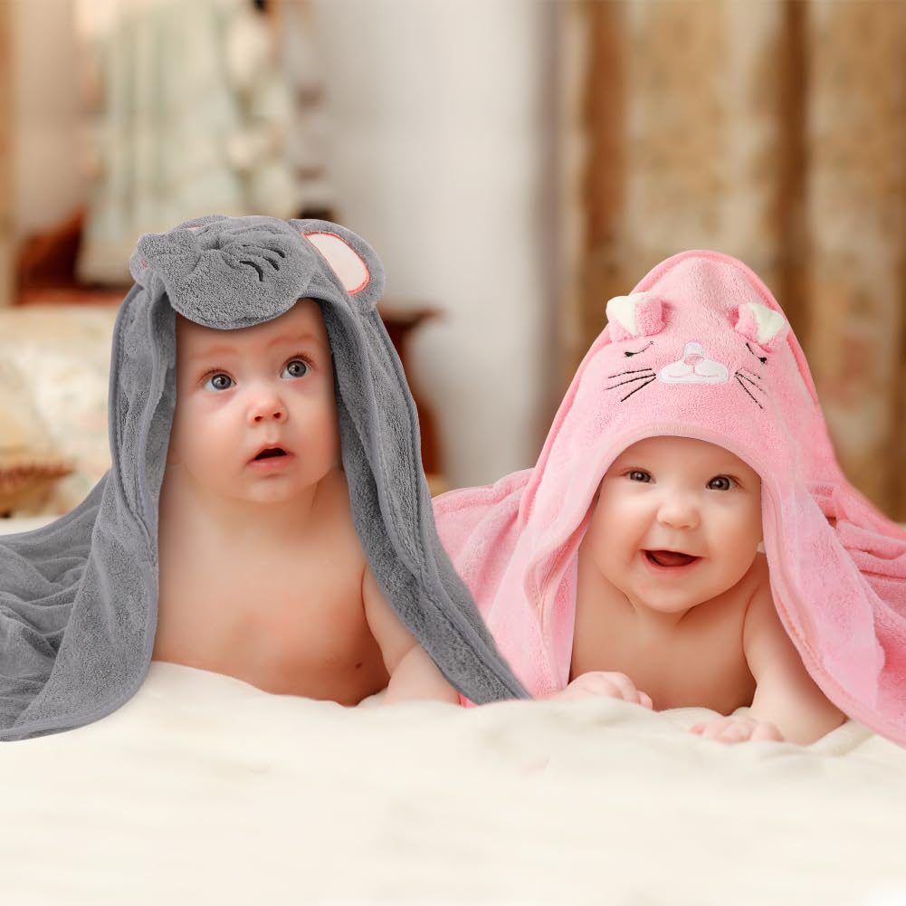 Aolso Hooded Towel Baby, 80 x 80 cm Baby Towel Hood, Baby Wash Cloth, Coral Fleece Baby Towel with Hood for Newborns, Soft and Super Absorbent, Unisex (Grey Elephant)