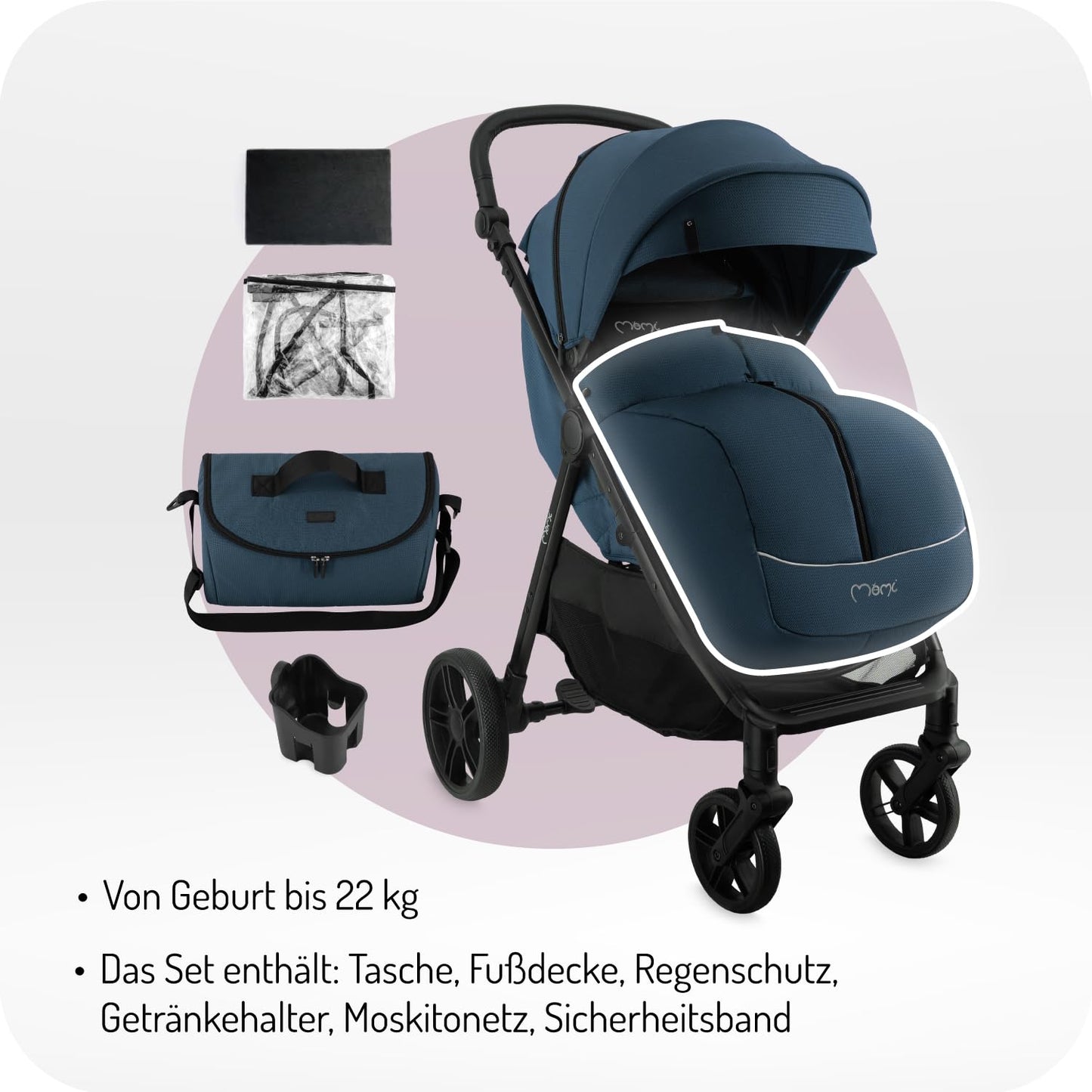 MoMi Kinderbuggy CLARA, Kinderwagen ab dem 6. Lebensmonat, bis 22 kg Körpergewicht, 5-Punkt-Sicherheitsgurt, Fußsack, Getränkehalter, Einkaufskorb, Wickeltasche, Insekten- und Regenschutz