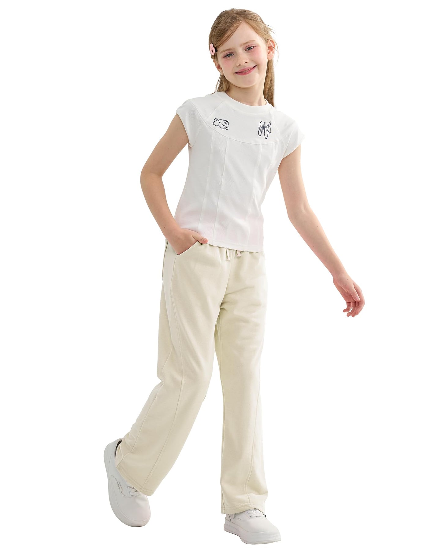 Rolanko Girls' Elastic Waistband Joggers, Loose Fit, Kids' Sports Sweatpants, Casual Comfort