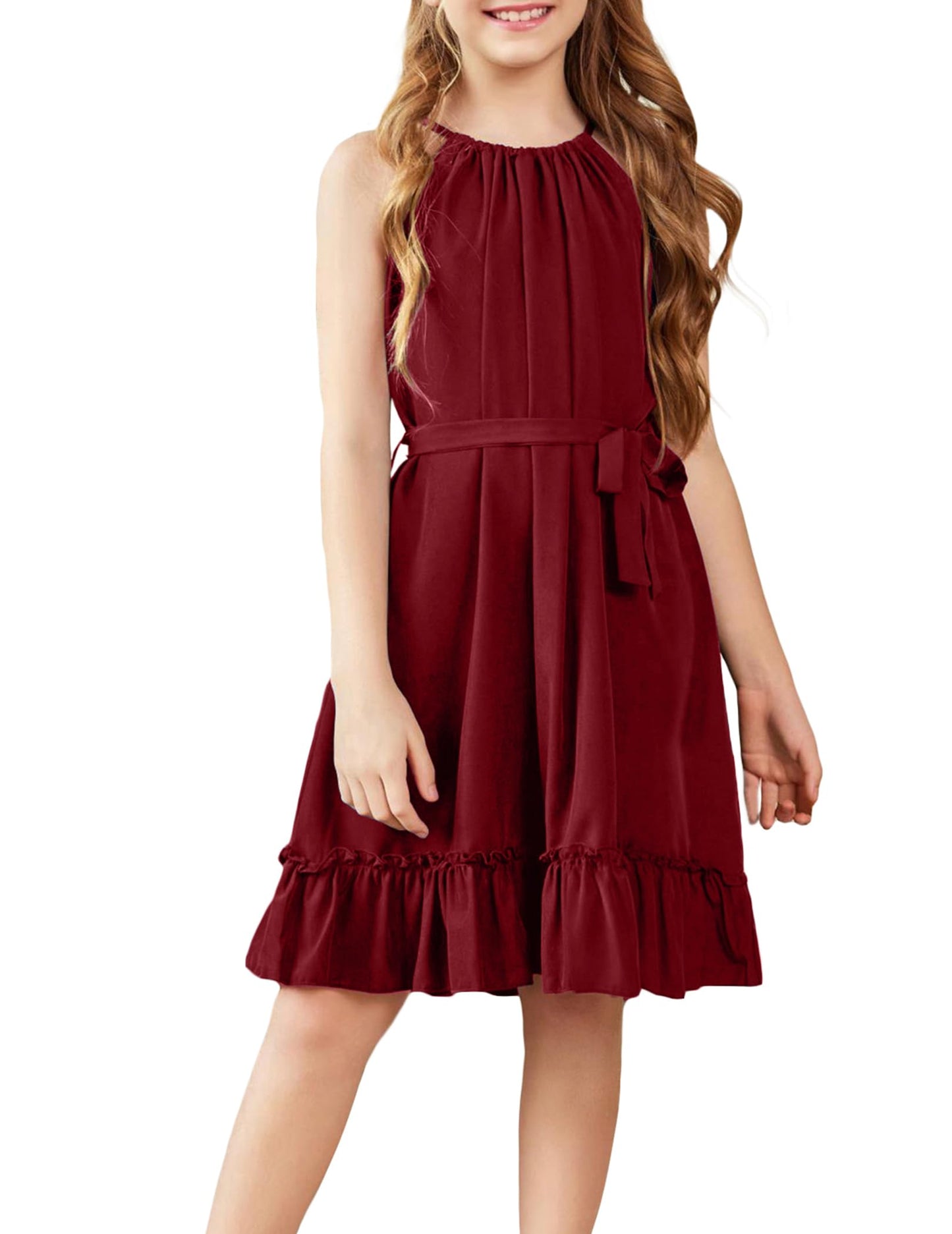 Arshiner Mädchen Kleid Neckholder Sommerkleid Rüschensaum Midikleid A-Linie Kinderkleid Swing Partykleider Abendkleid Kinder Festliche Kleider Freizeitkleid mit Gürtel 6-14 Jahre