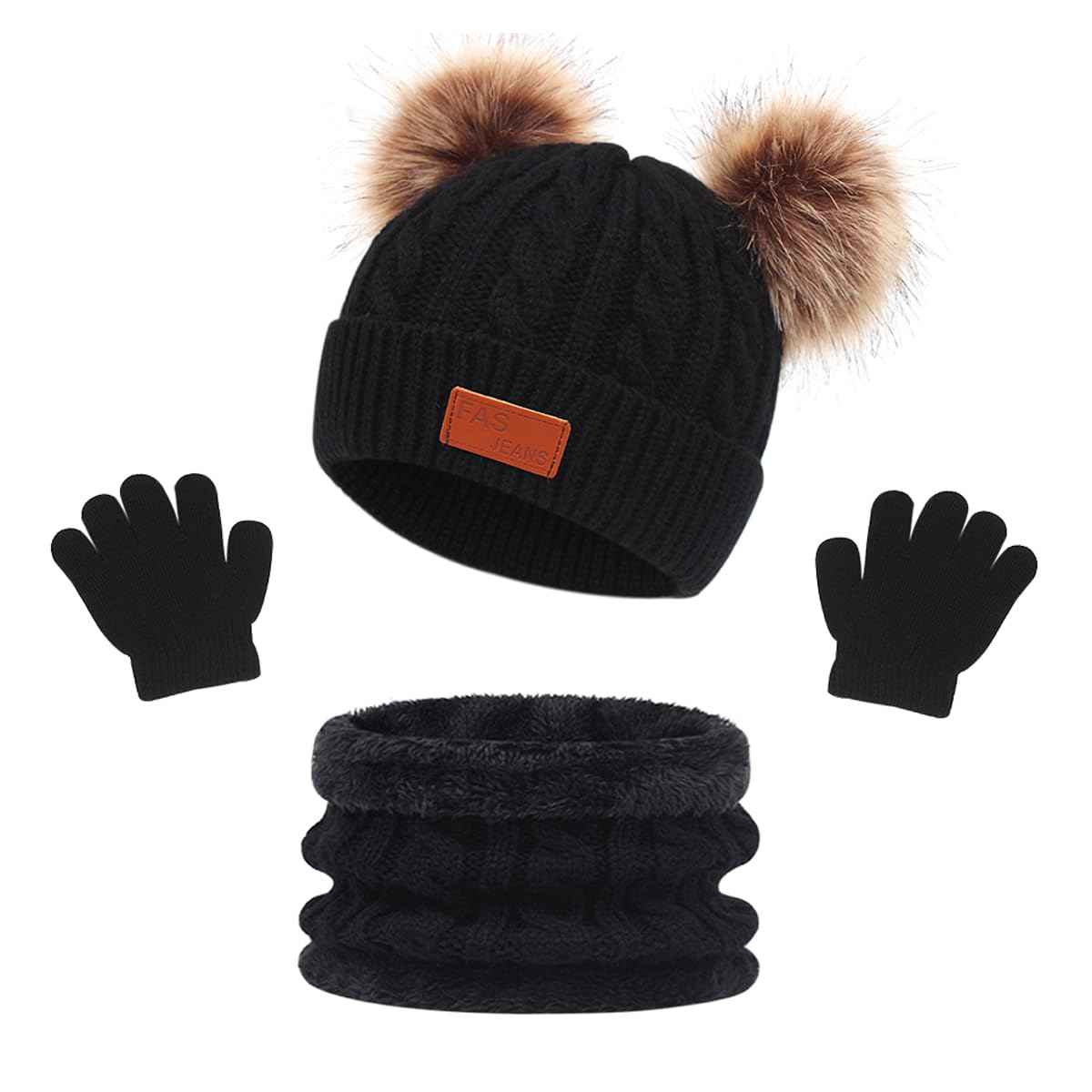 LINSOCLE 3-in-1 Children's Winter Hat Scarf Gloves Set, Knitted Hat Baby Hat Children's Hat Set, Boys Warm Winter Hat Beanie Hat Gloves Round Scarf Set for Children 2-6 Years
