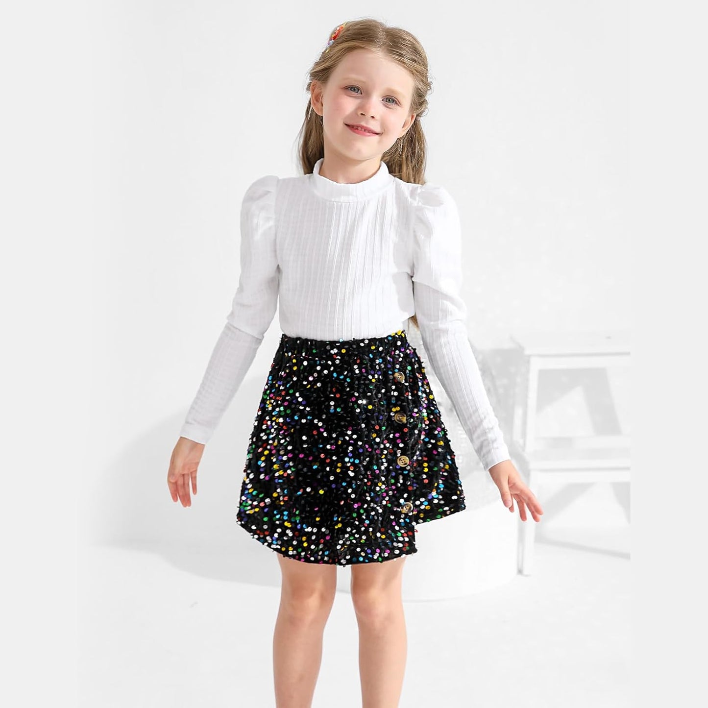 Bkixhv Baby Girls Clothes, Toddler Girls Skirt Set, Autumn Outfits, Long Puff Sleeves, Tops and Sequin Mini Skirt