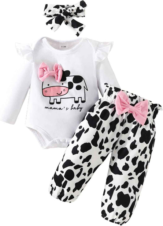 Achlibe Neugeborene Baby-Mädchen-Herbstoutfits Langarm-Kuhdruck-Strampler-Body + Bogenhose + Stirnband 3-teiliges Set