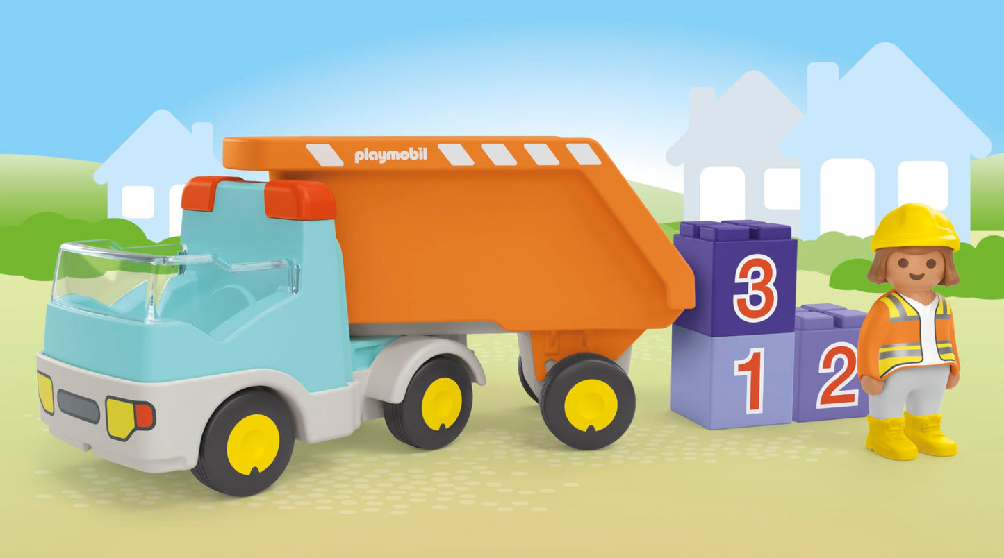 PLAYMOBIL Junior 71685 Dump Truck Sustainable Toy for Children from 1 Year Including Builder and Three Building Blocks
