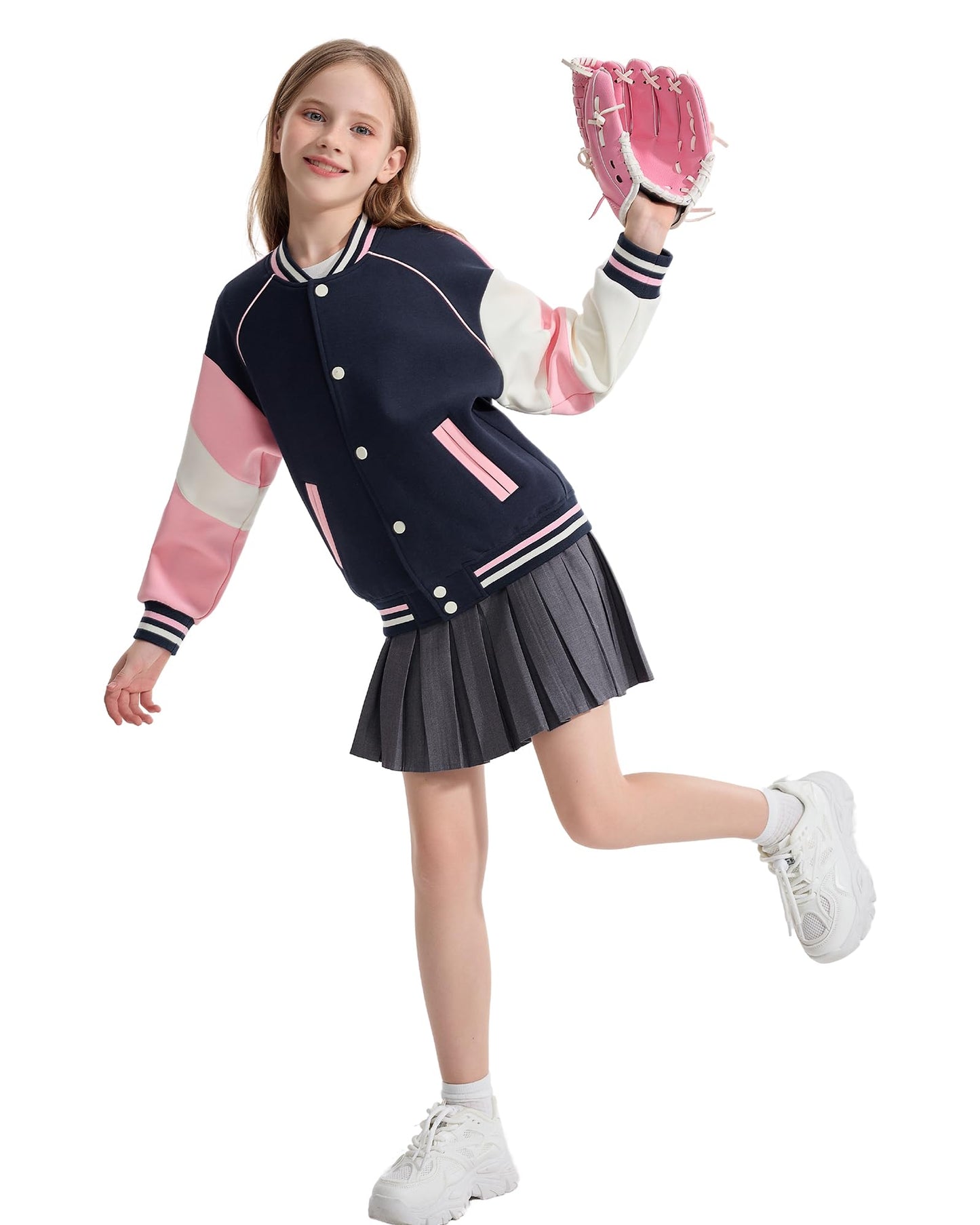 Rolanko Girls Baseball Jacket Boys Varsity Style Sweat Jacket with Pockets for School Bomber Coat for Children