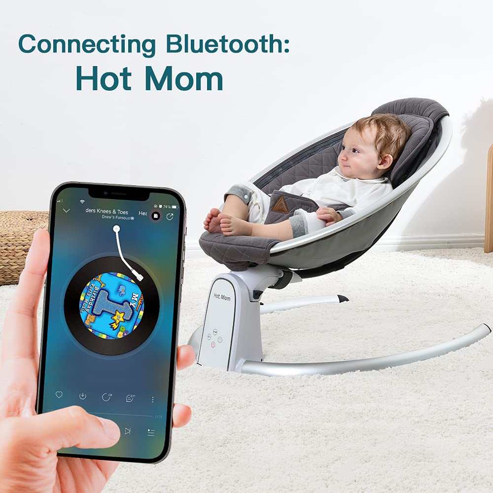 Hot Mom Cotton Baby Rocker, Baby Cradle with 5 Vibration Amplitudes, Bluetooth Music, Lightweight Baby Rocking Chair with Smoother Rocking Movement, Dark Grey
