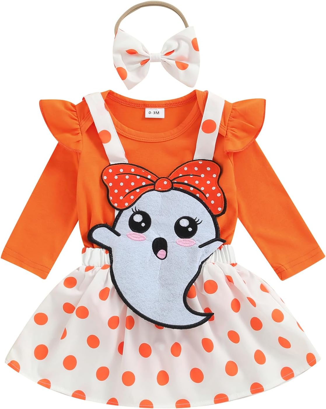 ESSECMBS Infant Baby Girl Halloween Romper Skirt 3 Pieces Clothing Set Long Sleeve Ruffle Shoulder Body Braces Pumpkin Ghost Skirt Headband Girls All Saints Clothing