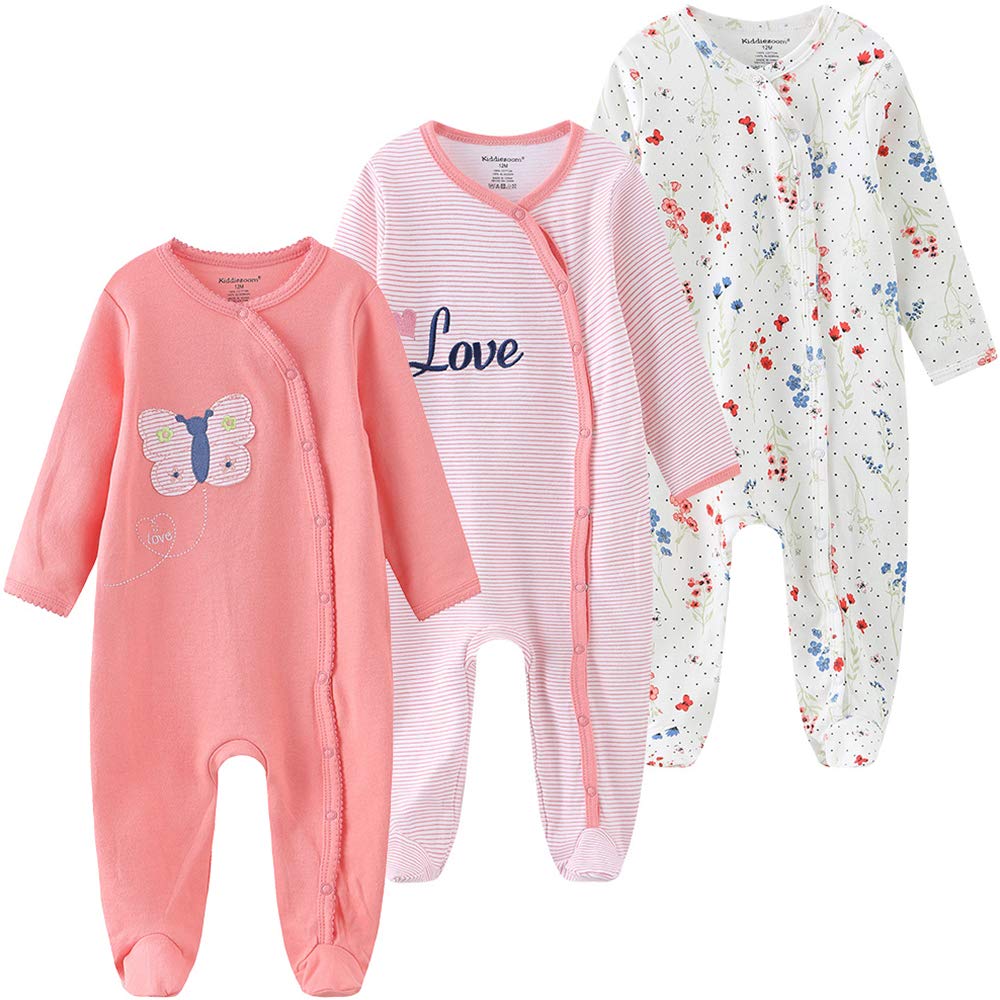 Kiddiezoom Unisex Baby Boys Girls Sleepsuit Pajamas Cotton Overalls Rompers, 3 Pack